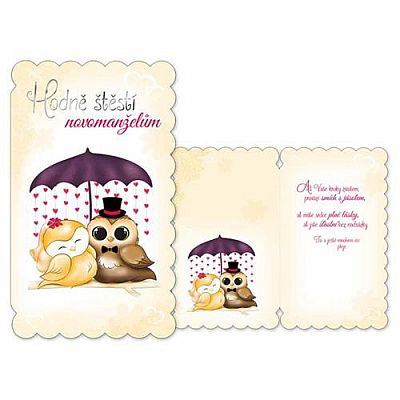 Svatební přání Hodně štěstí novomanželům - Sovičky