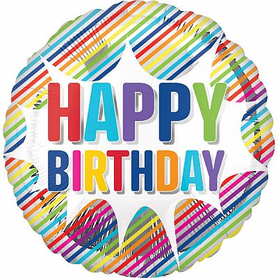 Foliový balonek barevné pruhy - Happy Birthday 43 cm