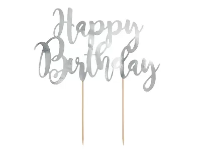 Dekorace na dort nápis Happy Birthday - stříbrné 22 cm