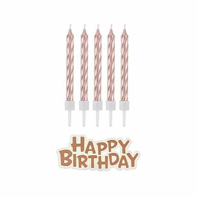 Dortové svíčky rose gold s držátky a nápis happy birthday 16 ks