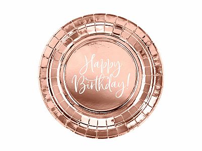 Papírové talířky metalické rose gold - Happy Birthday 6 ks