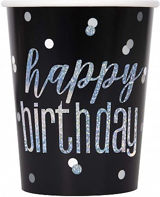Kelímky papírové - Happy birthday - černé s lesklým nápisem, 8ks