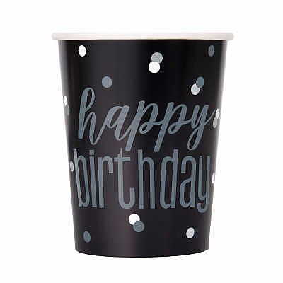 Kelímky papírové - Happy Birthday - černé se stříbrnými tečkami, 8ks