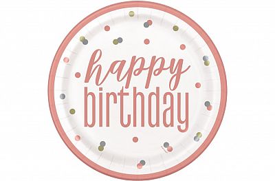 EKO Talířky papírové - Happy birthday rosegold puntíky 23cm, 8ks