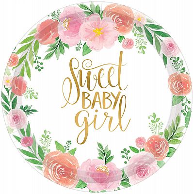 Talířky papírové - Květiny Sweet Baby Girl 26,6cm, 8ks