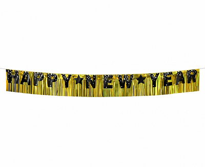 Party nápis Happy New Year a zlatý závěs 180 x 22 cm