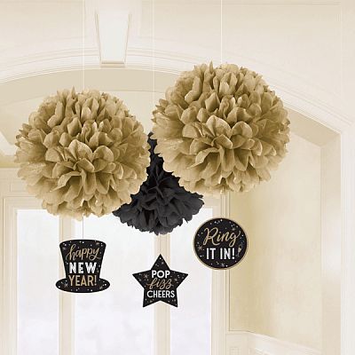 Pom pom z hedvábného papíru "Happy New Year" 40cm - 3ks