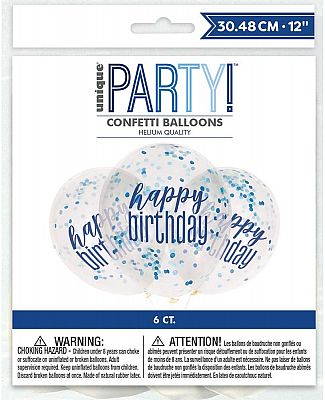 Latexové balonky Happy Birthday průhledné s modro-stříbrným potiskem 30cm 6ks