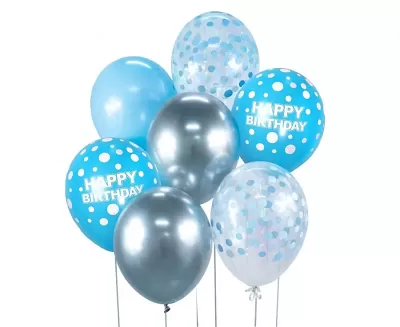 Balonkový buket modrý - Happy Birthday - 7 ks