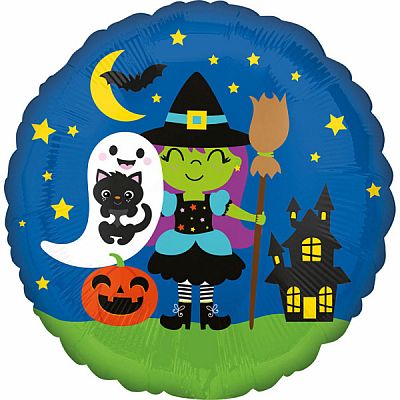 Fóliový balónek Halloween - Čarodějnice a duch - modrý 43 cm
