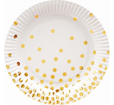 Papírové talířky bílé "Zlaté konfety" 18 cm - 6 ks