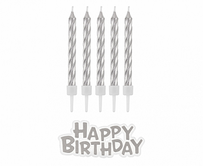Dortové svíčky stříbrné s držátky a nápis happy birthday 16 ks