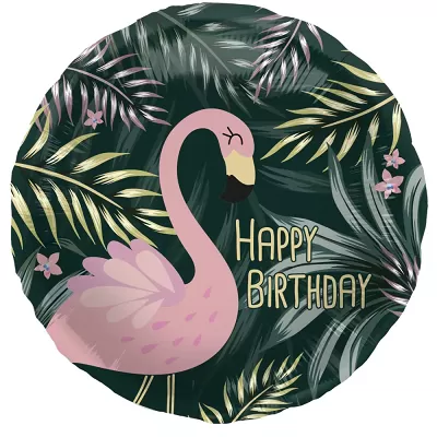 Foliový balonek plameňák v džungli - Happy Birthday 45 cm