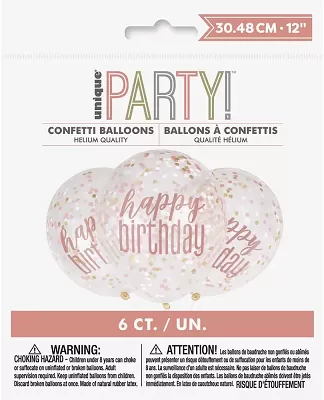 Latexové balonky Happy Birthday průhledné s rosegold potiskem 30cm 6ks