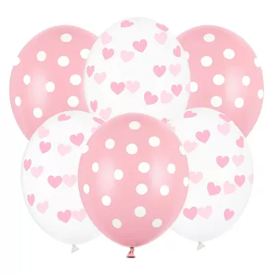 Latexové balonky s potiskem puntíků a srdíček - růžové 6ks