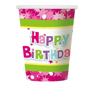 Papírové kelímky ,,Happy Birthday" růžové 6ks