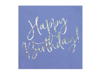 Papírové ubrousky modré se stříbrným Happy Birthday 20 ks