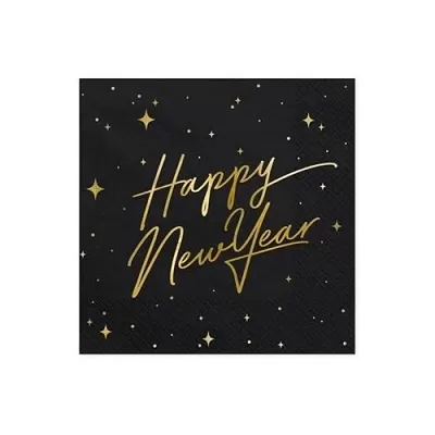 Papírové ubrousky LUX černé s nápisem Happy New Year 20 ks - Hvězdy