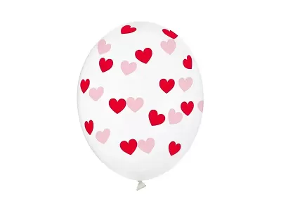 Latexové balonky průhledné s červenými srdíčky 30cm - 6 ks