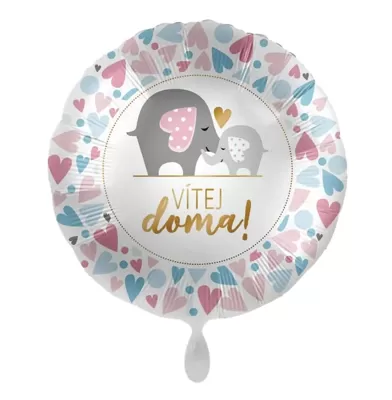 Fóliový balónek kruh Vítej doma! se sloníky a srdíčky  - 43cm