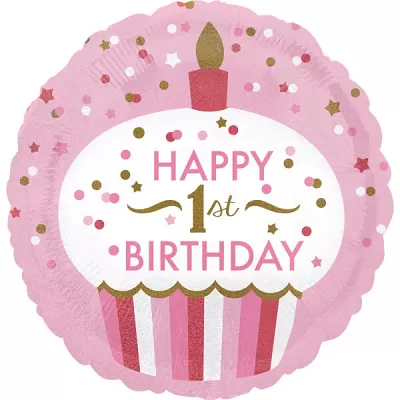 Foliový balonek Happy 1st birthday holografický růžový  43 cm