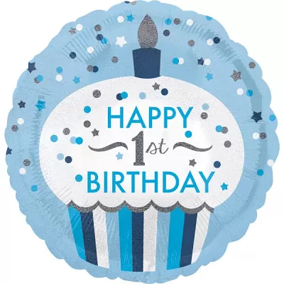 Foliový balonek Happy 1st birthday holografický modrý  43 cm