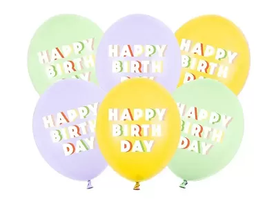 Latexové balonky pastelové duhové Happy Birthday 30cm - 6ks