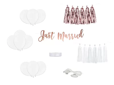 Svatební dekorační set na auto "Just married" rose gold