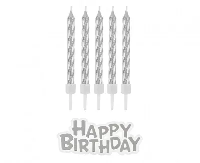 Dortové svíčky stříbrné s držátky a nápis happy birthday 16 ks