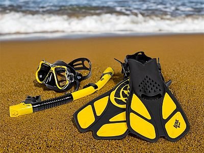 Šnorchlovací set 3 v 1, ŽLUTÝ, S/M, ploutve 36-41, maska, šnorchl