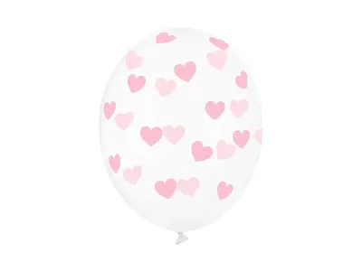 Latexové balonky průhledné s růžovými srdíčky 30cm - 6 ks