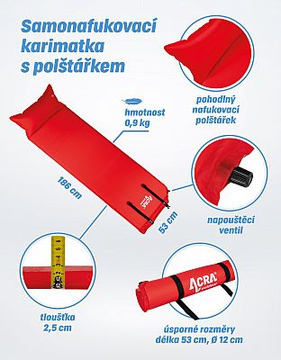Karimatka samonafuk.s polštářkem 186x53x2,5cm