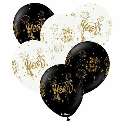 Dekorační balonky Happy New Year s ohňostrojem 30 cm 25 ks