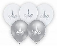 Latexové balonky stříbrná - bílá Jednorožec 30 cm - 5 ks