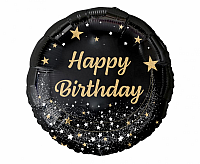 Foliový balonek kulatý černý Happy Birthday - hvězdy 45 cm