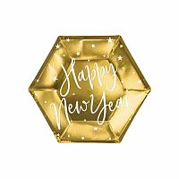 Papírové talířky Happy New Year zlaté metalické 20cm
