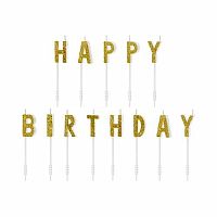 Dortové svíčky zlaté s glitrem Happy Birthday 13 ks