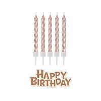 Dortové svíčky rose gold s držátky a nápis happy birthday 16 ks