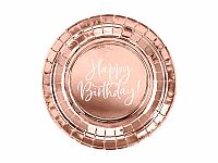 Papírové talířky metalické rose gold - Happy Birthday 6 ks