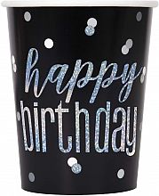 Kelímky papírové - Happy birthday - černé s lesklým nápisem, 8ks