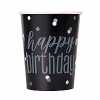 Kelímky papírové - Happy Birthday - černé se stříbrnými tečkami, 8ks