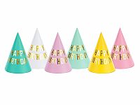 Papírové pastelové čepičky Happy Birthday