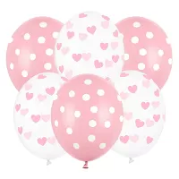 Latexové balonky s potiskem puntíků a srdíček - růžové 6ks