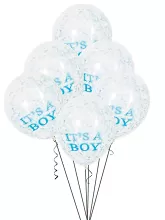 Transparentní balonky It's a boy s modrými konfetami 30 cm 6 ks