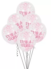 Transparentní balonky It's a girl s růžovými konfetami 30 cm 6 ks