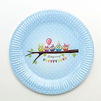 Party papírový talíř (8ks) - Sovy na větvi modré