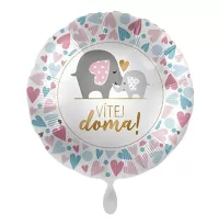 Fóliový balónek kruh Vítej doma! se sloníky a srdíčky  - 43cm