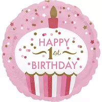 Foliový balonek Happy 1st birthday holografický růžový  43 cm