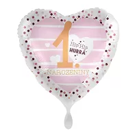Fóliový balónek Srdce 1. narozeniny růžový 43 cm