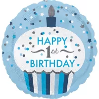 Foliový balonek Happy 1st birthday holografický modrý  43 cm